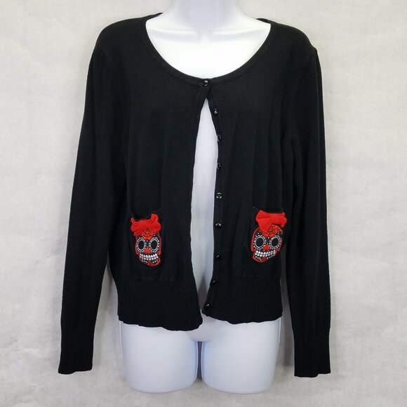 Too Fast Cardigan Womens XL Sugar Skull Bow Embroidery Button Stretch Knit Black - Picture 2 of 16